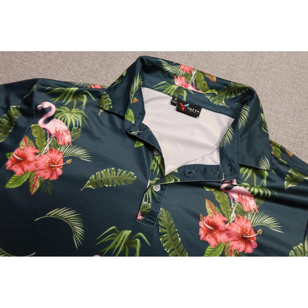 Yatta Golf Polo Mens Medium Green Flamingo Floral Print Performance AOP Shirt
